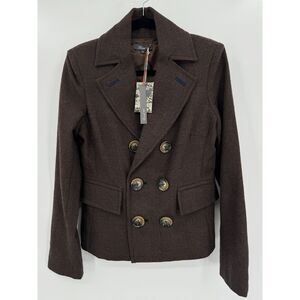 NWT LEVEL 99 Brown 100% Wool Double Breasted Peacoat Blazer Size S
